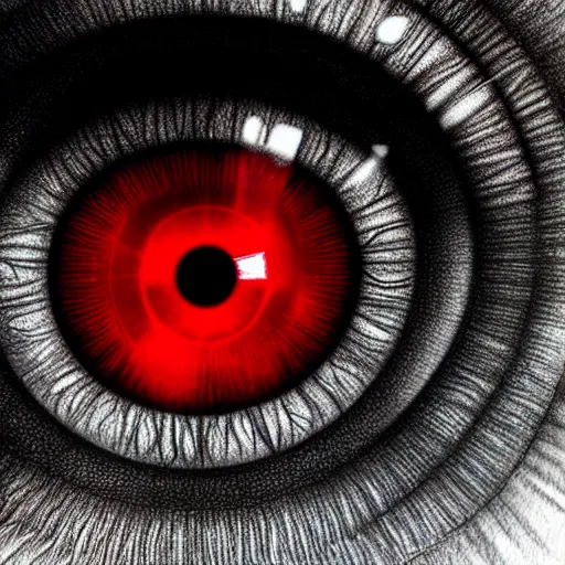 Image similar to a detailed extremely close up of inside the iris, cornea, red image, microscopic, extremely close up drawing by junji ito, cgsociety, generative art, lovecraftian, parallax, cosmic horror, extremely detailed, hyperrealism, unreal engine, octane render, award winning, masterpiece, highly detailed, realistic, 4 k, digital