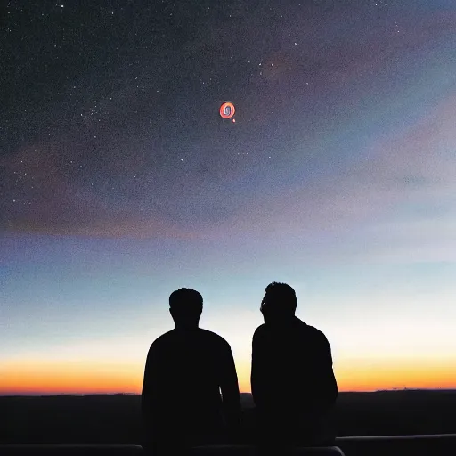 Image similar to silhouette of a gay couple looking at the sunrise from space