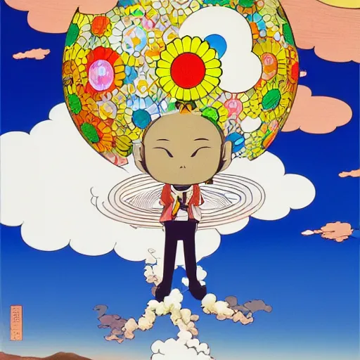 Image similar to a man walking on clouds above kyoto by takashi murakami,, aya takano color style, 4 k, super detailed