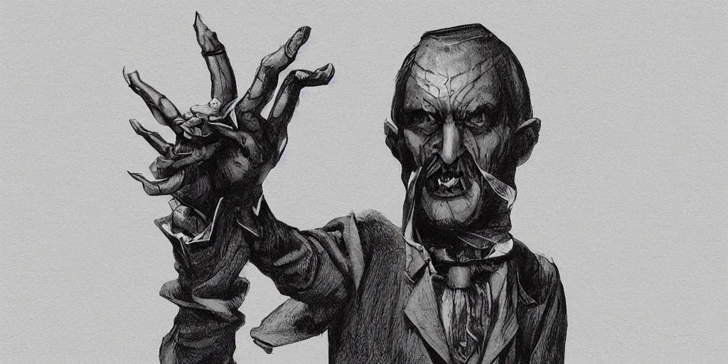 Image similar to evil victorian man with his hand up, controlling people like a puppet, fantasy, digital art, trending on artstation