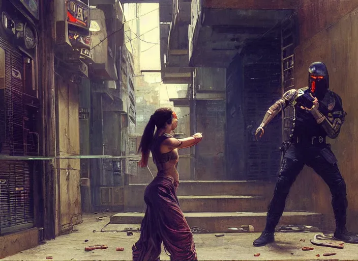 Prompt: Maria evades sgt griggs. Cyberpunk hacker escaping Cyberpunk policeman. (police state, Cyberpunk 2077, blade runner 2049). Cyberpunk Iranian orientalist portrait by john william waterhouse and Edwin Longsden Long and Theodore Ralli and Nasreddine Dinet, oil on canvas. Cinematic, Dramatic lighting.