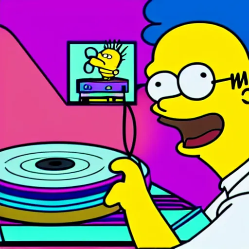 Image similar to svg sticker of a Homer-Simpson at a rave, spinning records, giant headphones rocking out, wearing headphones, huge speakers, dancing, rave, DJ, spinning records, digital art, amazing composition, rule-of-thirds, award-winning, trending on artstation, featured on deviantart