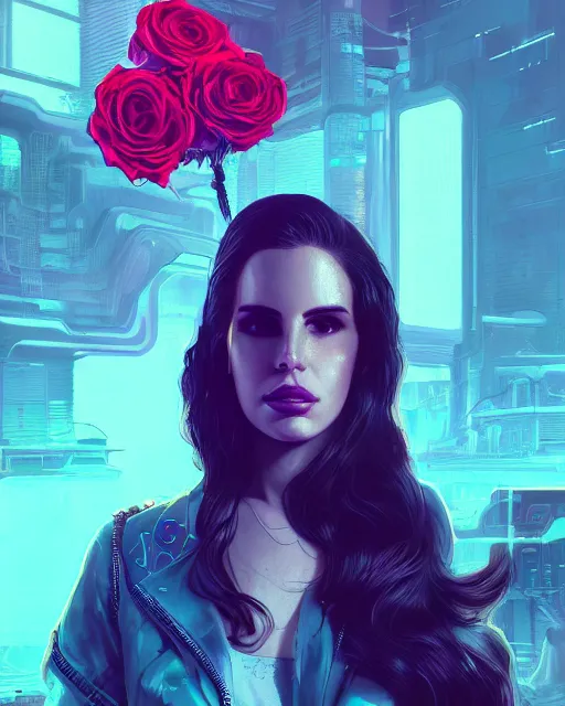 Image similar to portrait of lana del rey as a cyberpunk cyborg. roses, sci - fi, missing panels, intricate abstract upper body intricate artwork, by tooth wu, wlop, beeple, dan mumford. concept art, octane render, deviantart, greg rutkowski, cinematic, key art, hyperrealism, iridescent accents