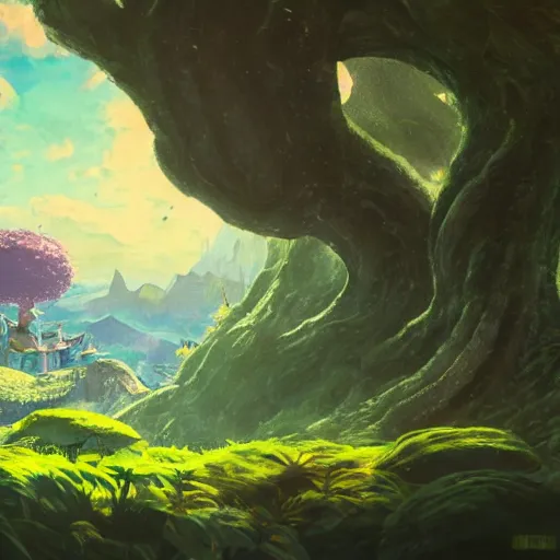 Image similar to forest fairy kingdom, Beautiful Landscape, wide angle, by Miyazaki, Nausicaa Ghibli, Breath of The Wild, dramatic lighting, cinematic, establishing shot, extremely high detail, foto realistic, cinematic lighting, post processed, concept art, high details, cinematic, 8k resolution, beautiful detailed, photorealistic, digital painting, artstation, concept art, smooth, sharp focus, artstation trending, octane render, unreal engine