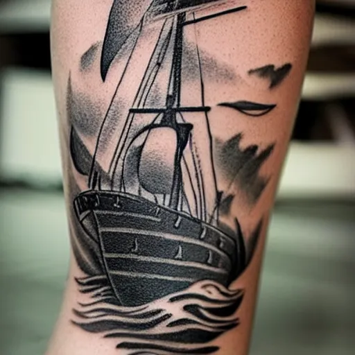 Image similar to a pirate ship sailing in the sea, realism tattoo design, amazing shades, clean white paper background, in the style of david vega
