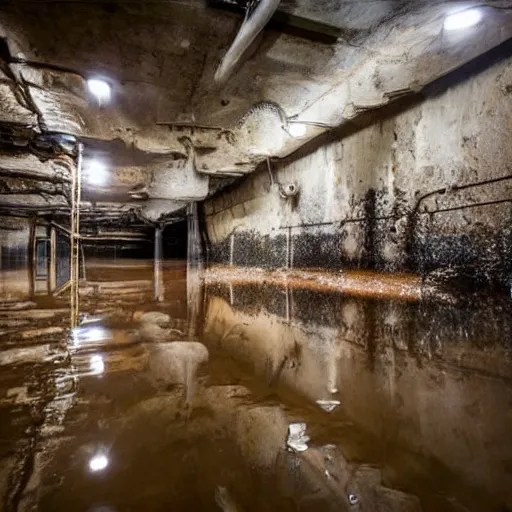 Image similar to deep underground bunker, flooded, dirty water, dense rusty pipes network, dense cables network, mold