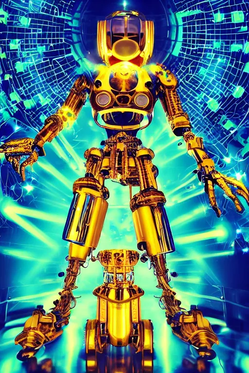 Prompt: portrait photo of a giant huge golden and blue metal humanoid steampunk cyborg female singer with gears and tubes, in the foreground is a big red glowing microphone, eyes are glowing red lightbulbs, shiny crisp finish, 3 d render, 8 k, insaneley detailed, fluorescent colors, background is multicolored lasershow