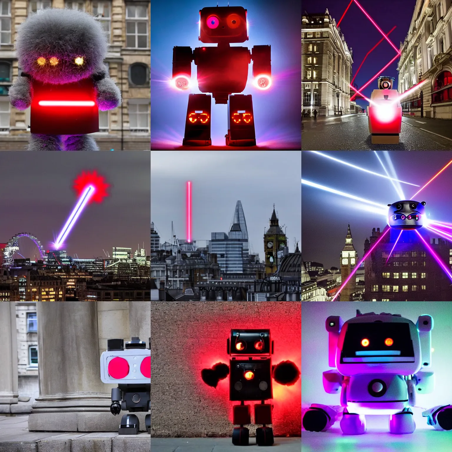 Prompt: huge fluffy adorable robot shoots lasers from it's glowing red eyes over london, full frame