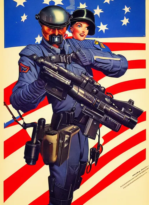 Prompt: american propaganda poster. cyberpunk police trooper. portrait by jean giraud and anton otto fischer and john philip falter and will eisner and gil elvgren. realistic proportions. character art. science fiction d & d. tf 2, overwatch.