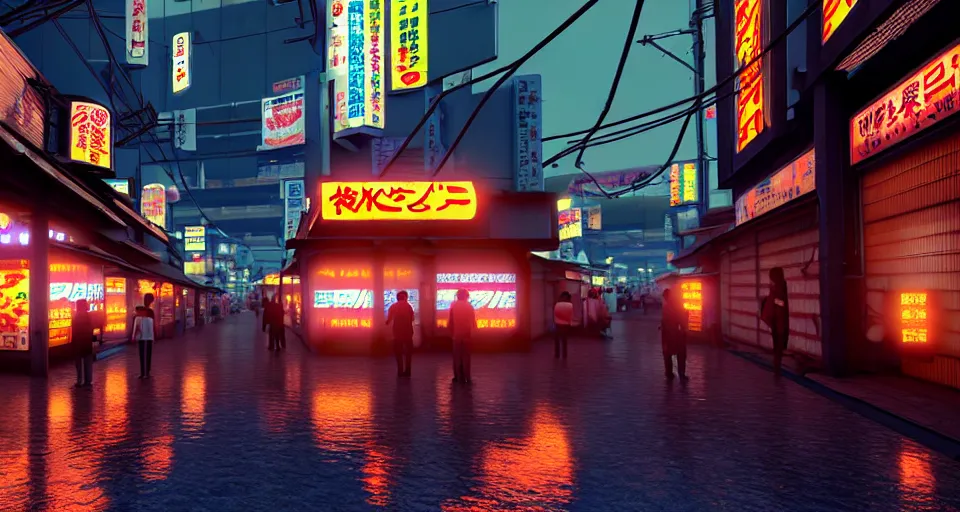 Image similar to photorealistic!! ground level front view, sunset outside a tokyo marketplace after rain, bright neon signs, very dramatic lighting, mecha unreal engine 5, marmoset toolbag, ( cyberpunk )