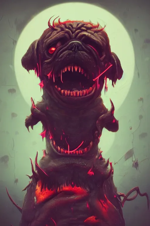 Image similar to demon pug eating flesh. art by mike winkelmann, sticker, illustration, highly detailed, artstation