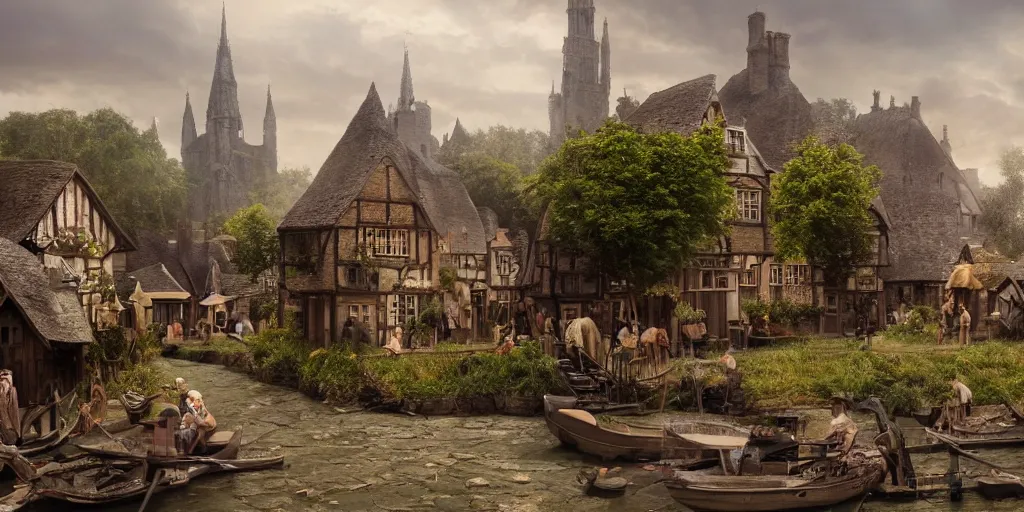 Image similar to beautiful matte painting of old england village by weta workshop 8 k, cinematic dramatic atmosphere, dramatic lighting