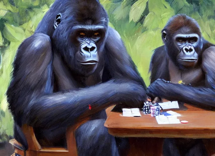 Prompt: a highly detailed beautiful portrait of a gorilla and a bear playing poker, by gregory manchess, james gurney, james jean
