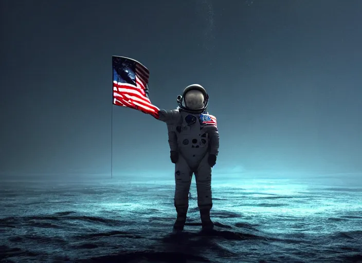 Image similar to astronaut holding a flag in an underwater desert. a submarine is visible in the distance. dark, concept art, cinematic, dramatic, atmospheric, 8 k, trending on artstation, blue, fish, low visibility, fog, ocean floor, christopher nolan, interstellar