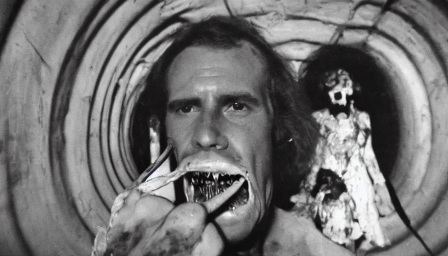 Image similar to 70s movie still close-up portrait of a man with a taxidermic bloody jaws and meat dress in a liminal space style tunnel, early black and white 8mm, heavy grain, high quality,