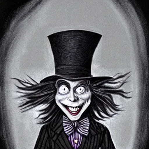 Image similar to horrifying charcoal drawing of the mad-hatter-willie-wonka-babadook