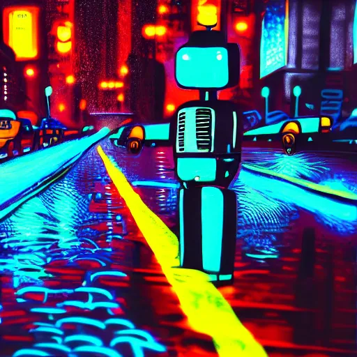 Prompt: realism retro-futuristic new-york robots city grafitti neon rain reflection,8k