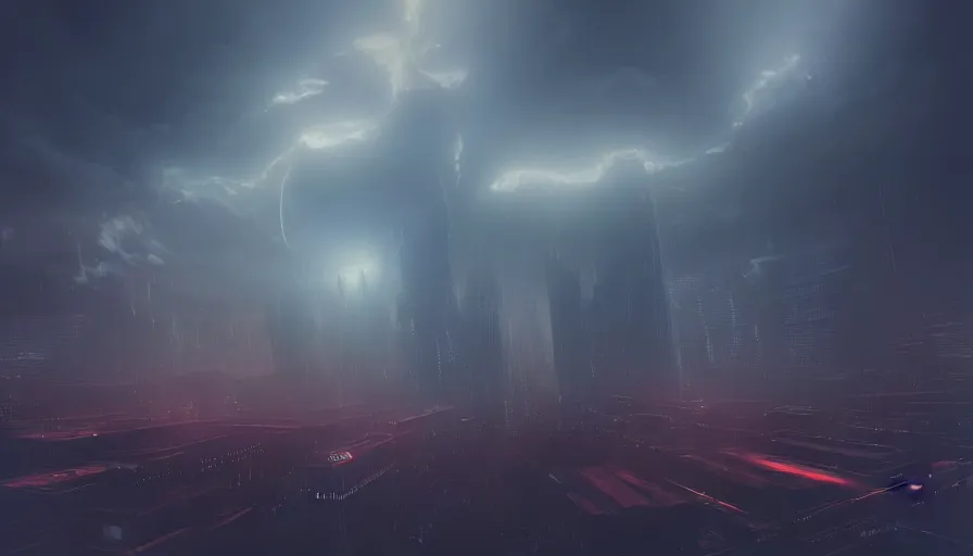 Prompt: man in sky falling through clouds over a dark cyberpunk city, digital art, volumetric lighting, dystopia, artstation, concept art, painting