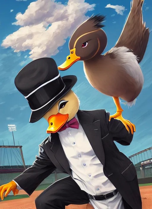 Image similar to commissioned full body portrait of a male anthro duck fursona with a duck head wearing a nice black suit and a fedora holding a baseball bat sitting on the hood of a police patrol car in a baseball stadium, by a professional manga illustrator, Stanley Artgerm Lau, WLOP, Rossdraws, James Jean, Andrei Riabovitchev, Marc Simonetti, and Sakimichan, trending on artstation