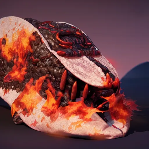 Image similar to demonic possessed taco, expression, unreal engine, by artgerm, wlop and ross thran, dramatic cinematic lighting rendered by octane, 8 k, detailed