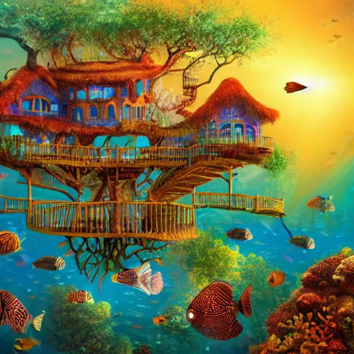 Image similar to fabulous treehouse mansion made of coral in underwater reef landscape with sunshine rays coming from above and fish swimming in the ocean, detailed magical realism painting 4 k,