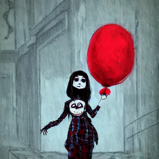 Image similar to grunge painting of a billie eilish with a wide smile and a red balloon by tim burton, loony toons style, pennywise style, corpse bride style, rick and morty style, creepy lighting, horror theme, detailed, elegant, intricate, conceptual