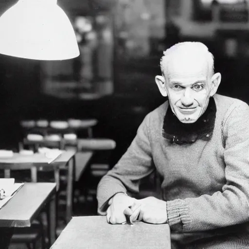 Prompt: photo from the year 1 9 5 5 of a frenchman from france seated in a restaurant. 5 0 mm, studio lighting