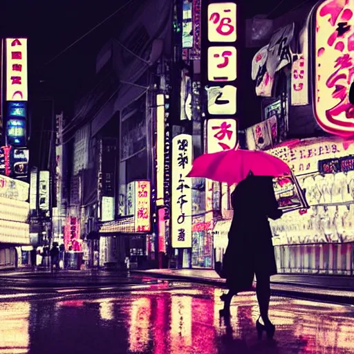 Image similar to a woman holding an umbrella, walking down the streets of tokyo, with neon signs, while it's raining. cinematic lighting, digital art. award winning