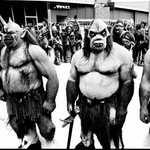 Image similar to orcs standing outside of a Walmart, protesting the working conditions, High detail, 1998