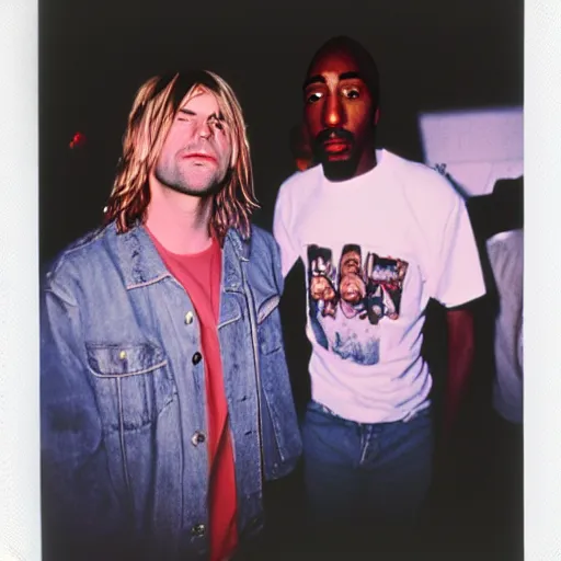 Image similar to Polaroid photograph of very Kurt Cobain and very Tupac Shakur in a club, blurry, XF IQ4, 150MP, 50mm, F1.4, ISO 200, 1/160s, natural light, Adobe Lightroom, photolab, Affinity Photo, PhotoDirector 365,