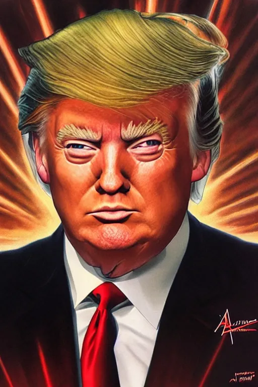Image similar to fancy serene portrait of donald trump with laser eyes by alex ross