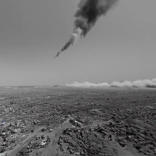 Image similar to combat drone strike war footage, ir, infrared color, saturated with green tint, very high contrast, nuclear cloud, high angle vertical, dirty, grainy, noisy, bad drone camera, airwaves, static,