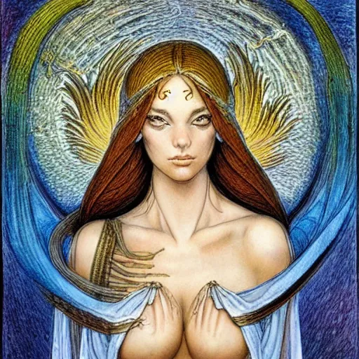 Prompt: most beautiful silk steel maiden, cygnus milieu of desert of purgatory, in the style of william blake, terese nielsen, detailed, intricate, beautiful faces, steve argyle, pastoral fantastic reality