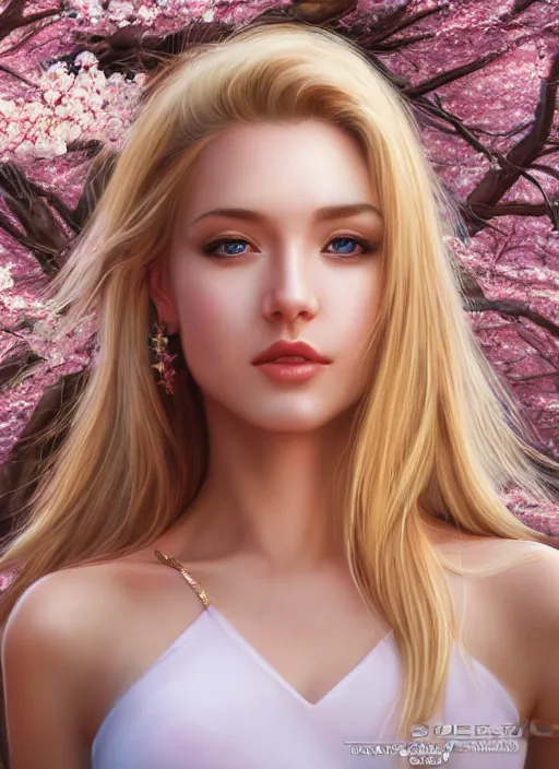 Image similar to photo of a gorgeous blonde female in the style of stefan kostic, realistic, half body shot, sharp focus, 8 k high definition, insanely detailed, intricate, elegant, art by stanley lau and artgerm, extreme blur cherry blossoms background