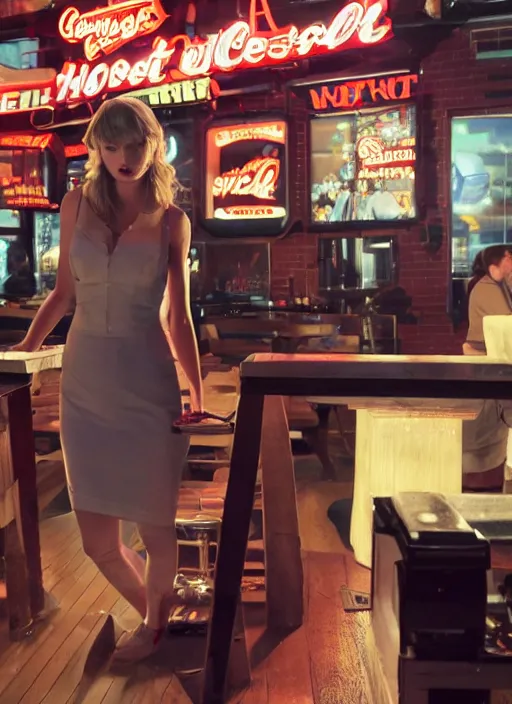 Prompt: a candid, color cinema film still of a taylor swift as a waitress at hooters, cinematic lighting at night.