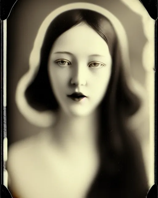 Image similar to [ [ [ [ tintype ] ] ] ] black and white dreamy young beautiful veiled female artificial intelligence, realistic pearl ornament in the face, long hair are intricate with highly detailed realistic pearls, cinematic, rim light, bokeh, photo - realistic, elegant, high detail, 8 k, masterpiece, photo taken in 1 9 3 0