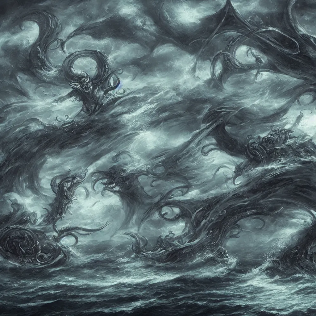 Prompt: A 600 meter high cthulhu fighting against a 500 meter Kraken on a stormy sea with boats around., photoreal