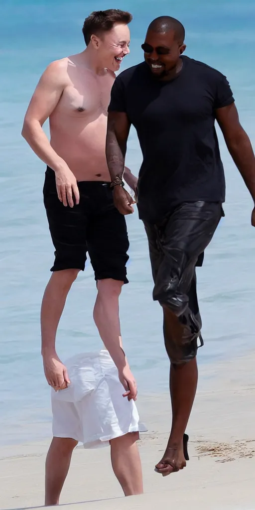 Image similar to elon musk and kanye west happy smiling laughing walking around the beach in aruba