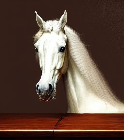 Image similar to portrait of a horse sitting upon a table with heightened detail, poised, intense emotion, detailed facial expression, detailed surroundings, intricate, elegant, highly detailed, centered, digital painting, artstation, concept art, smooth, sharp focus, illustration, by ( leonardo da vinci ), wlop