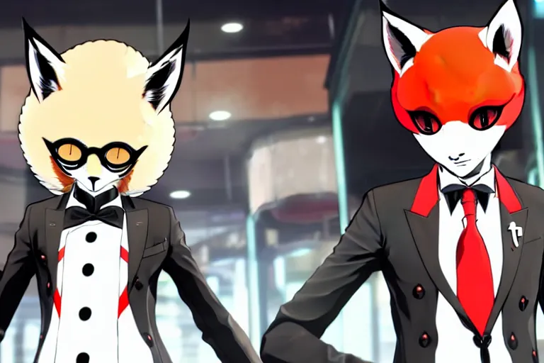 Image similar to in the persona 5 : royal ( by atlus ) video game casino level, a furry male sandcolored tan fox fursona ( has hair ), persona 5 phantom thief style