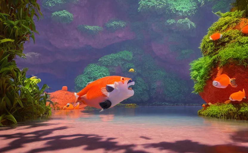 Image similar to a cave lake with some big orange fish inside, studio ghibli, pixar style, octane render, unreal engine 5, path traced, highly detailed, high quality, 8 k, soft lighting, godrays, complementary colors, natural lighting, water parallax, serene landscape, beautiful, elegant, digital painting