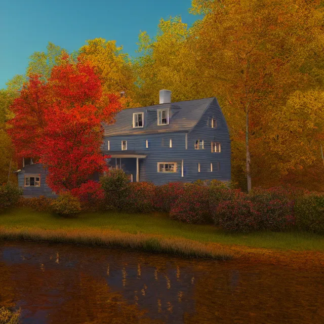 Image similar to yellow colonial new england house near a small river, fall foliage forest, large chimney, lights on inside, vermont mountain background, light cinematic, volumetric, realistic, cinematic lighting, ray tracing, unreal engine 5, octane render, hyper realistic, 8 k