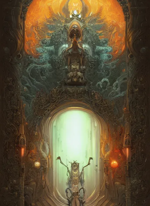 Image similar to intricate rendered portrait of Hades the god of the dead standing by an ornate door by Peter mohrbacher and Dan mumford and beeple, trending on cgsociety, inctricate door, flames, hell