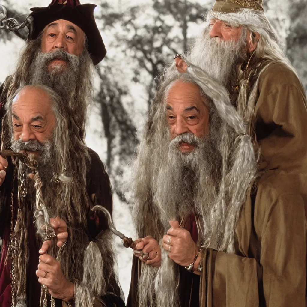 Prompt: Cheech & Chong as Dumbledore and Gandalf, Full-Wizard smock and hat, wizard\'s chain-necklace and spell scepter