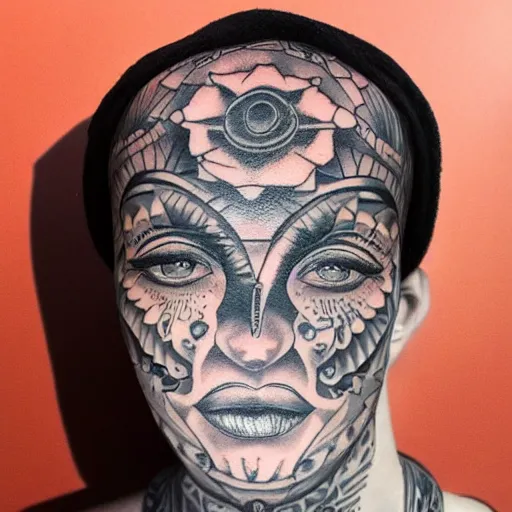 Image similar to man [ [ tattoo of a woman ]!! stamped onto his forehead ]!!! looking down, portrait!!, [ 4 k photorealism ], 8 k quality, trending on unsplash, unsplash contest winner, pinterest tattoos