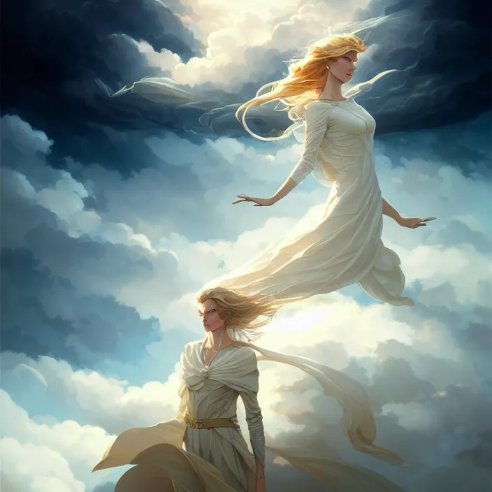 Image similar to style artgerm, joshua middleton, charlie bowater, soft castle in the sky white with gold, majestic spires, clouds swirling, detailed, sky setting, volumetric lighting