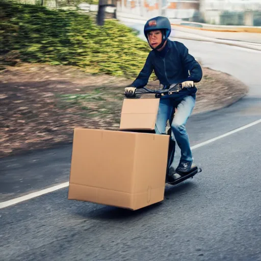 Image similar to delivery driver on scooter delivering boxes, extremely high quality, hd, 4 k, 8 k, artistic, 4 0 mp, cartoo, top - rated, award winning, realistic, sharp, no blur, edited, corrected colour, white background, trending