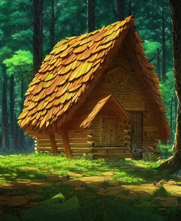 Prompt: a large, simple, cabin made from leaves, overgrown with huge exotic fungus, deep in the woods, sun drenched, partly cloudy, by dan mumford, yusuke murata, makoto shinkai, ross tran, cinematic, unreal engine, cel shaded, featured on artstation, pixiv