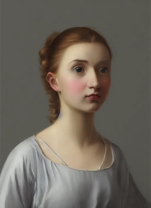 Prompt: close - up portrait of beautiful young girl, gray background, art by petrus christus
