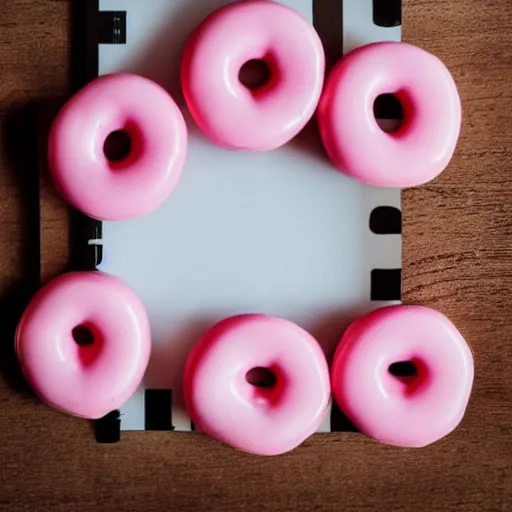 Image similar to photo of Peppa Pig, pink-frosted donuts, pink balloons, chess board, 50mm, beautiful photo